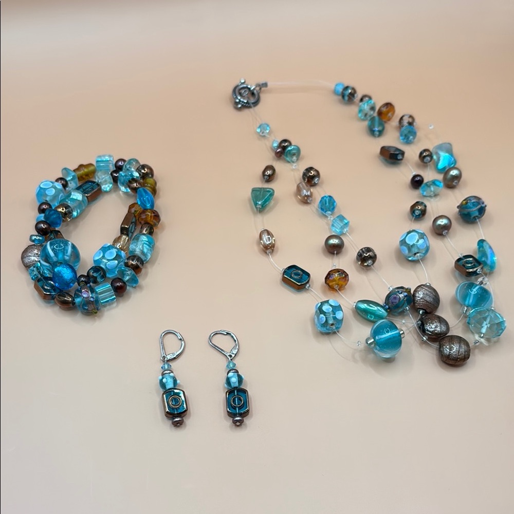 Elegant Turquoise and Bronze Beaded 3 Piece Jewelry Set